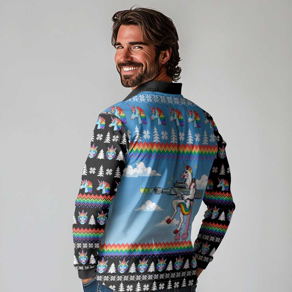 Unicorn Pew Pew Christmas Long Sleeve Polo Shirt Xmas Holiday Patterns - Wonder Print Shop