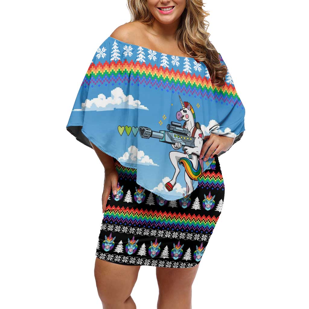 Unicorn Pew Pew Christmas Off Shoulder Short Dress Xmas Holiday Patterns - Wonder Print Shop