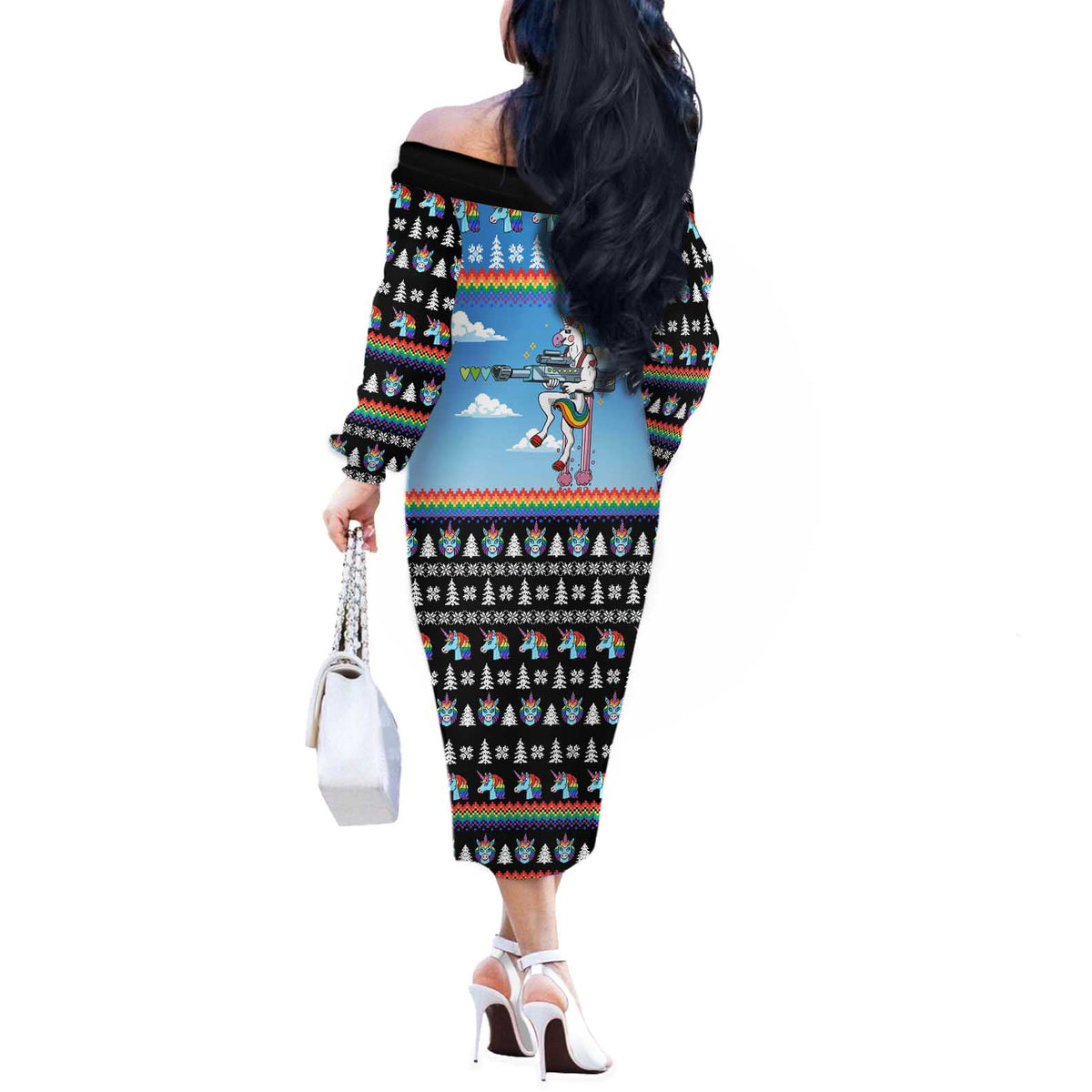 Unicorn Pew Pew Christmas Off The Shoulder Long Sleeve Dress Xmas Holiday Patterns - Wonder Print Shop