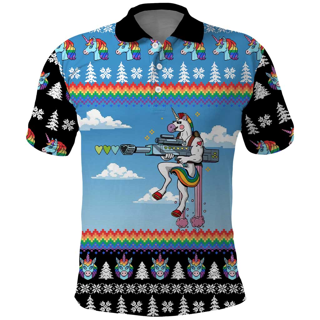 Unicorn Pew Pew Christmas Polo Shirt Xmas Holiday Patterns - Wonder Print Shop