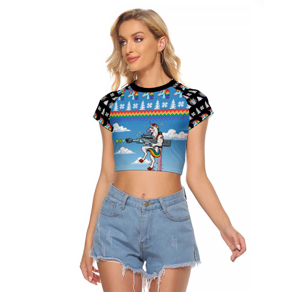 Unicorn Pew Pew Christmas Raglan Cropped T Shirt Xmas Holiday Patterns - Wonder Print Shop