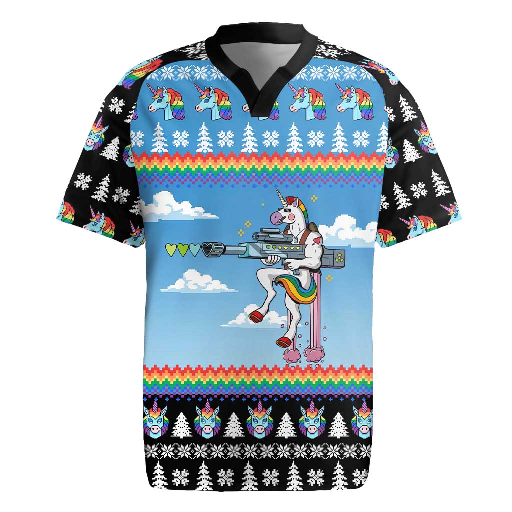 Unicorn Pew Pew Christmas Rugby Jersey Xmas Holiday Patterns - Wonder Print Shop