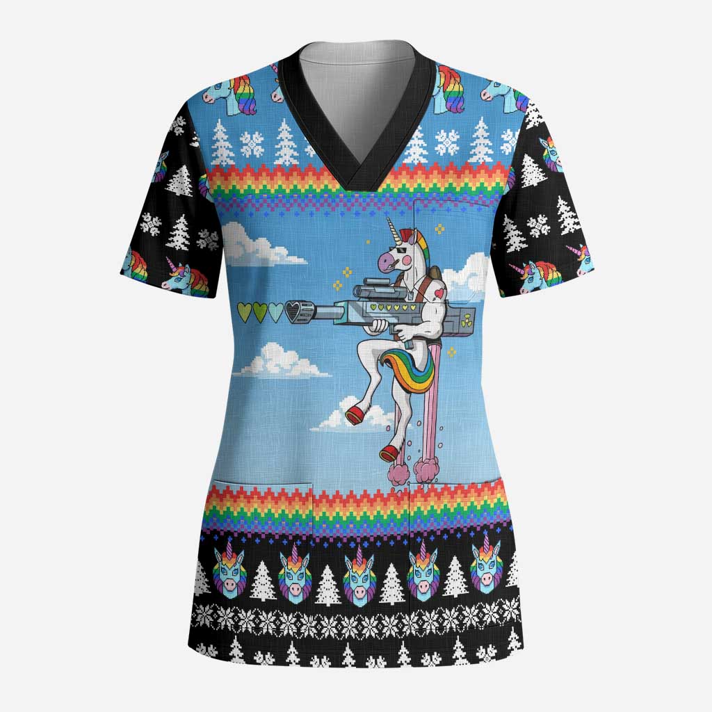 Unicorn Pew Pew Christmas Scrub Top Xmas Holiday Patterns - Wonder Print Shop