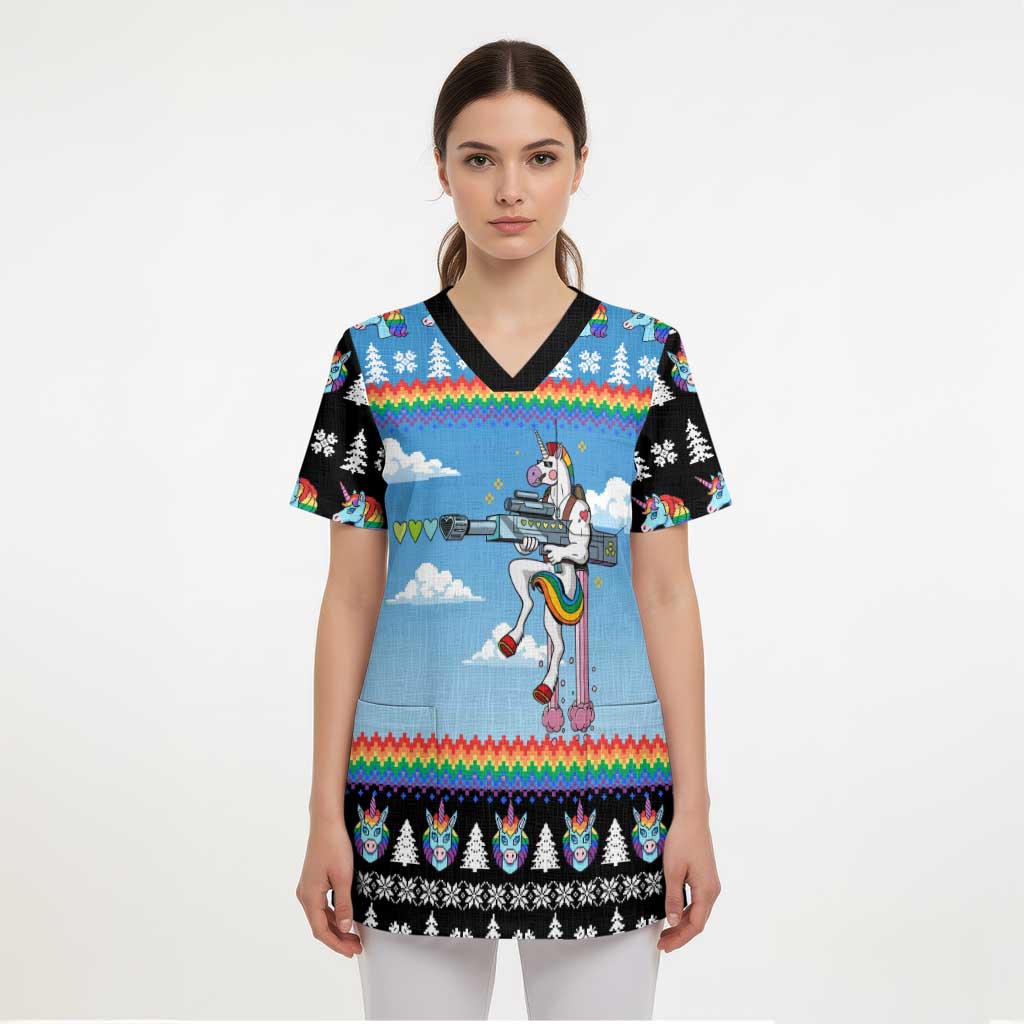 Unicorn Pew Pew Christmas Scrub Top Xmas Holiday Patterns - Wonder Print Shop