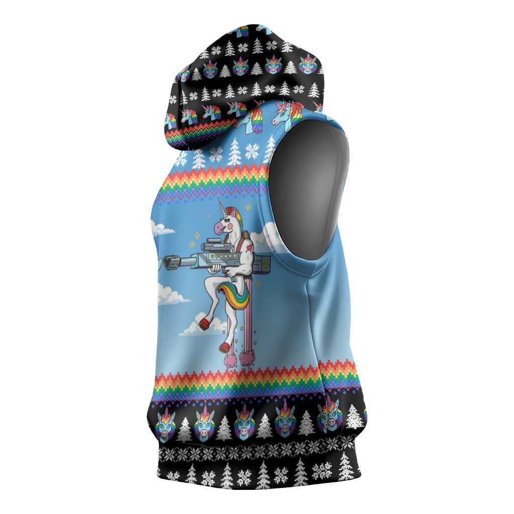 Unicorn Pew Pew Christmas Sleeveless Hoodie Xmas Holiday Patterns - Wonder Print Shop