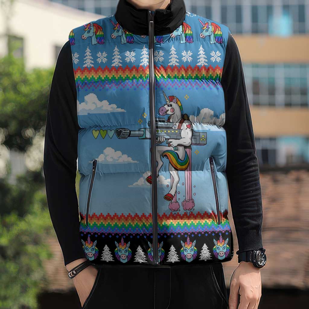 Unicorn Pew Pew Christmas Sleeveless Puffer Jacket Xmas Holiday Patterns - Wonder Print Shop
