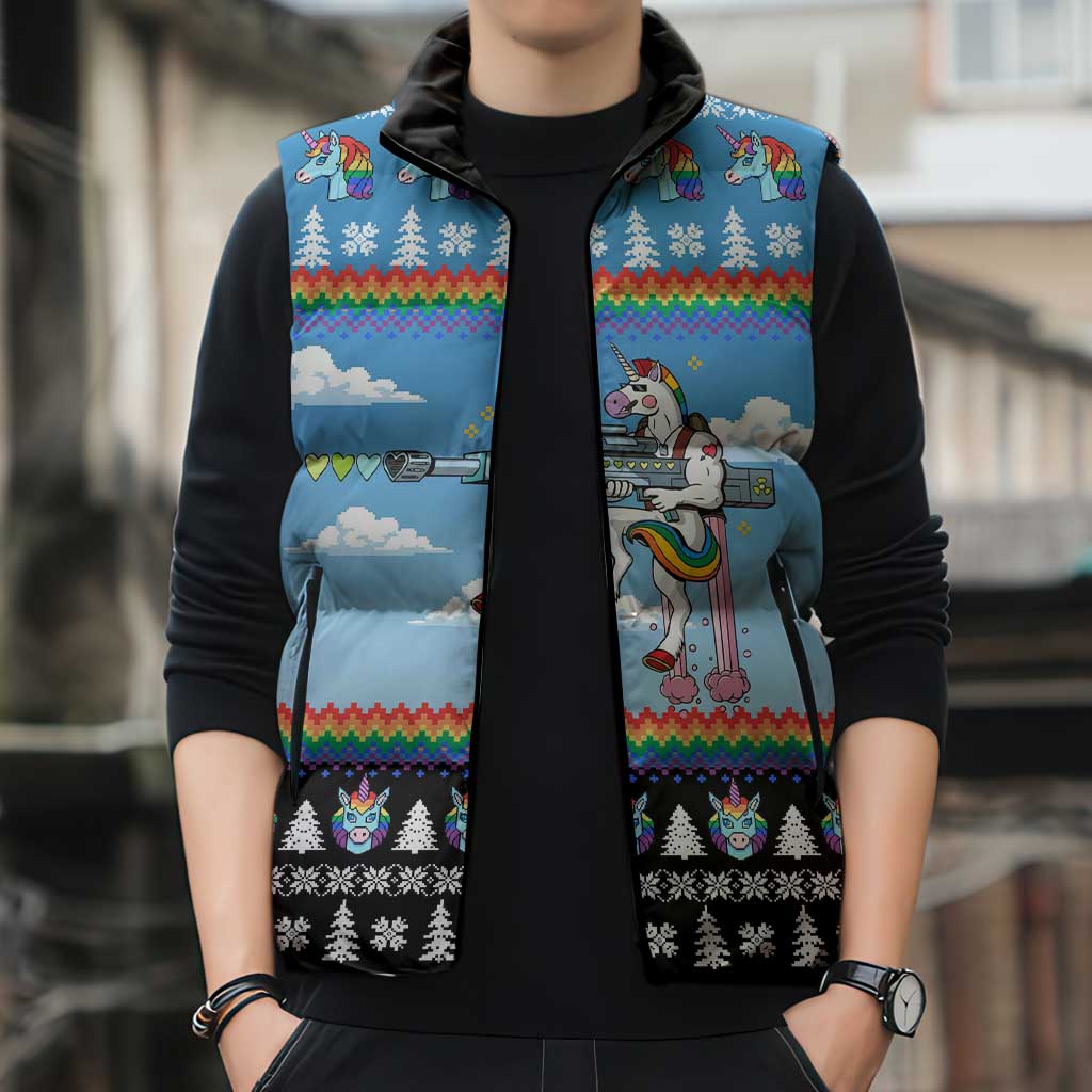 Unicorn Pew Pew Christmas Sleeveless Puffer Jacket Xmas Holiday Patterns - Wonder Print Shop