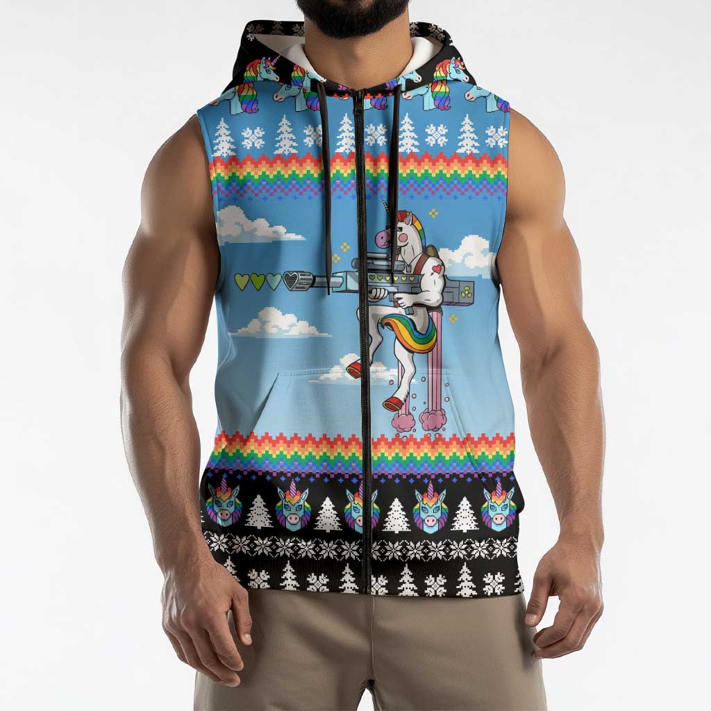 Unicorn Pew Pew Christmas Sleeveless Zip Hoodie Xmas Holiday Patterns - Wonder Print Shop