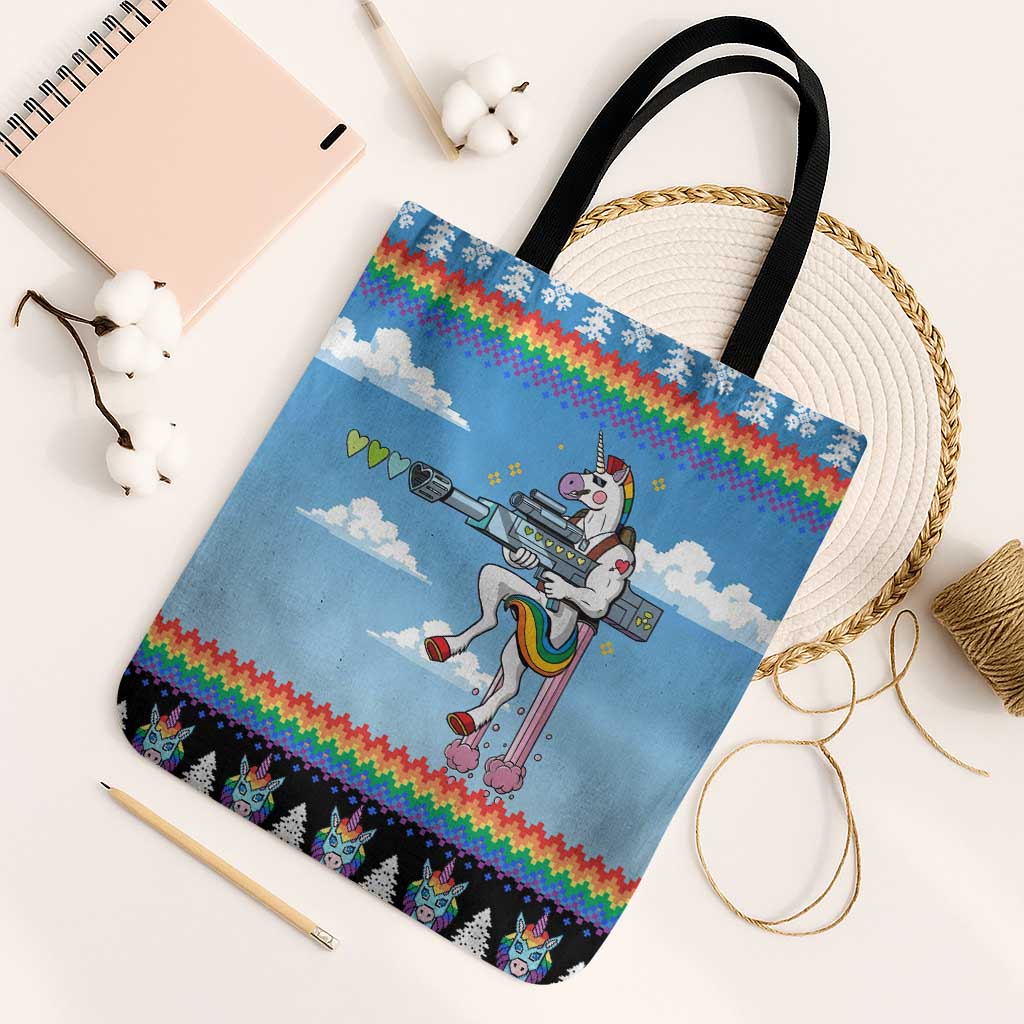 Unicorn Pew Pew Christmas Tote Bag Xmas Holiday Patterns - Wonder Print Shop