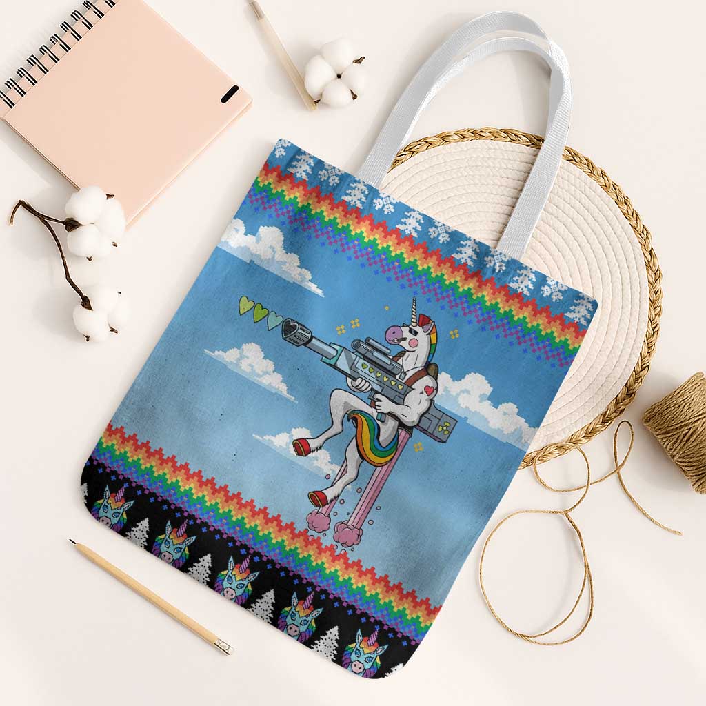 Unicorn Pew Pew Christmas Tote Bag Xmas Holiday Patterns - Wonder Print Shop