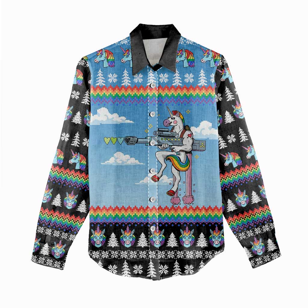 Unicorn Pew Pew Christmas Women Casual Shirt Xmas Holiday Patterns - Wonder Print Shop