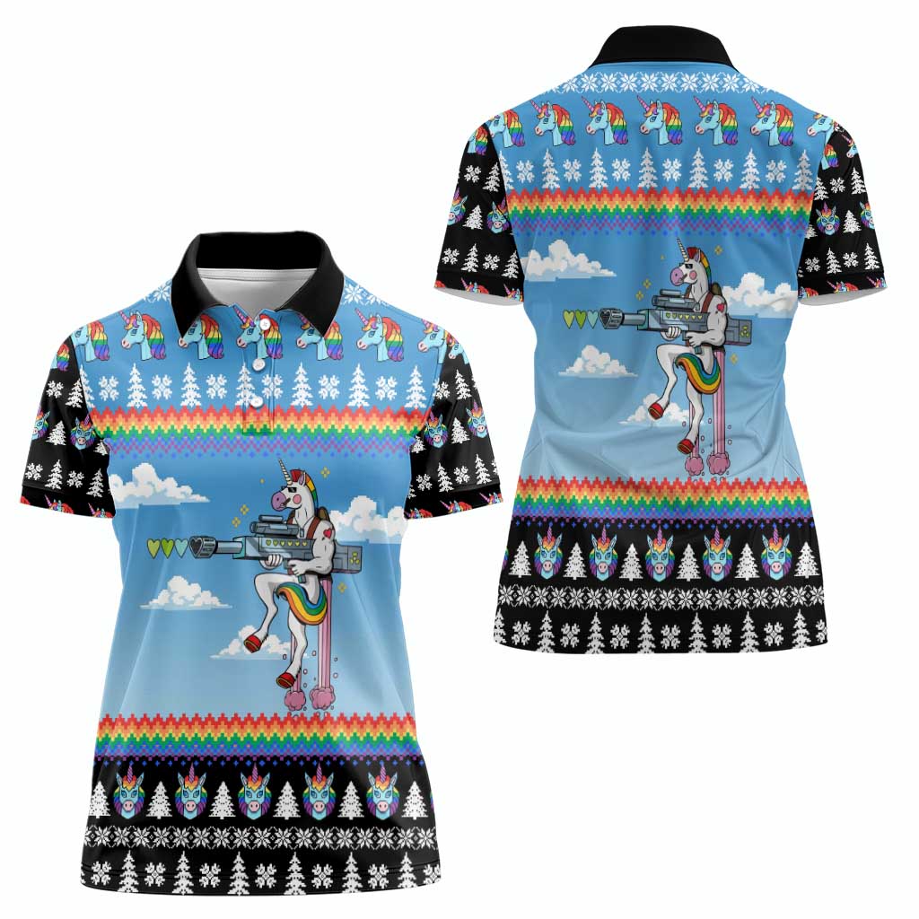 Unicorn Pew Pew Christmas Women Polo Shirt Xmas Holiday Patterns - Wonder Print Shop