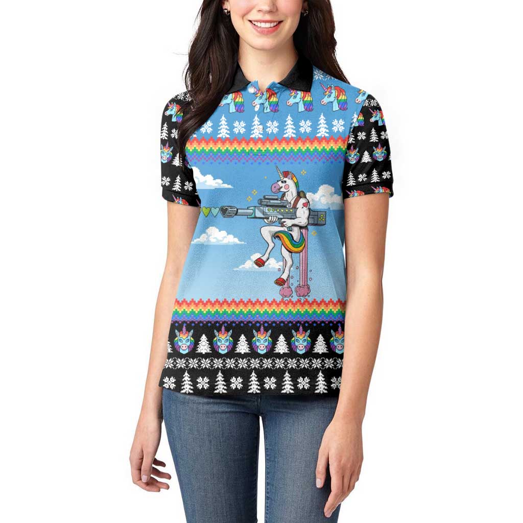 Unicorn Pew Pew Christmas Women Polo Shirt Xmas Holiday Patterns - Wonder Print Shop
