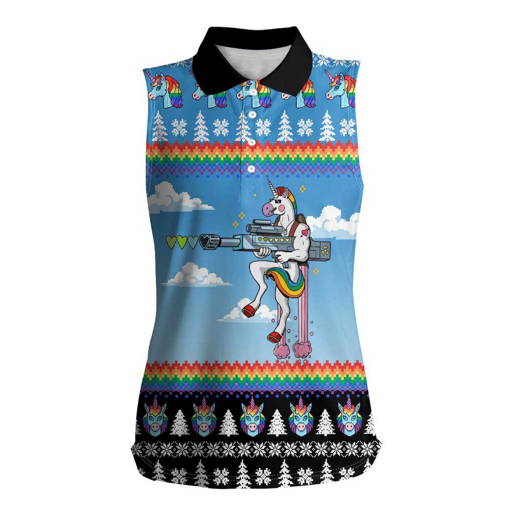 Unicorn Pew Pew Christmas Women Sleeveless Polo Shirt Xmas Holiday Patterns - Wonder Print Shop