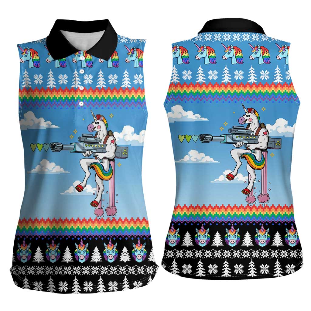 Unicorn Pew Pew Christmas Women Sleeveless Polo Shirt Xmas Holiday Patterns - Wonder Print Shop