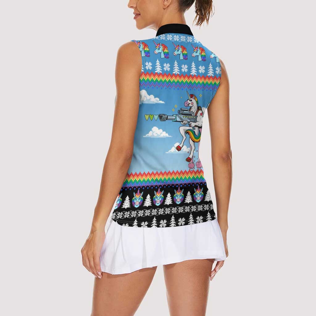 Unicorn Pew Pew Christmas Women Sleeveless Polo Shirt Xmas Holiday Patterns - Wonder Print Shop