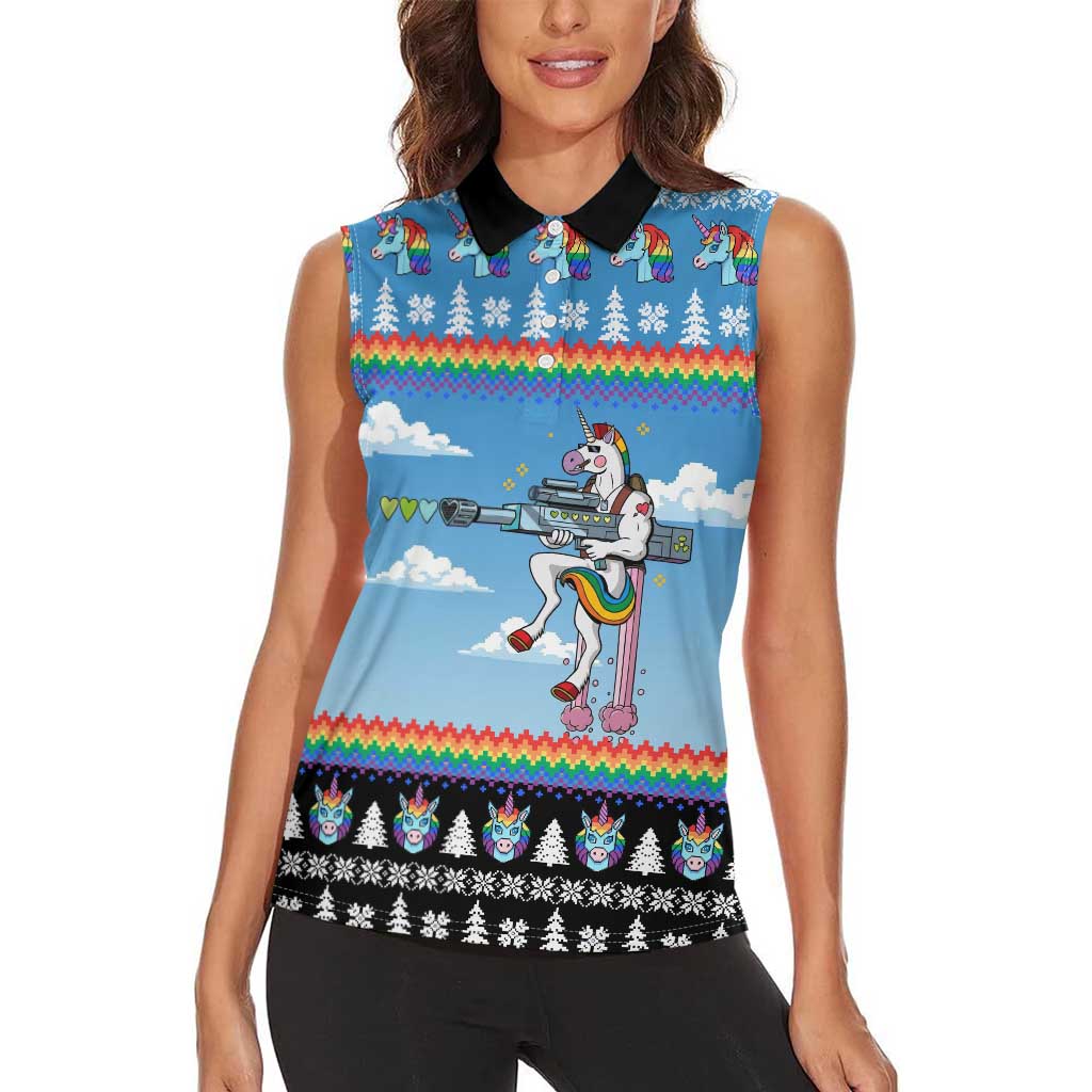Unicorn Pew Pew Christmas Women Sleeveless Polo Shirt Xmas Holiday Patterns - Wonder Print Shop