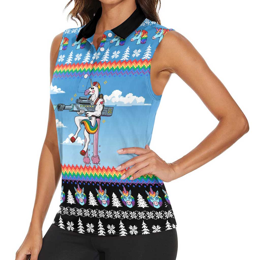 Unicorn Pew Pew Christmas Women Sleeveless Polo Shirt Xmas Holiday Patterns - Wonder Print Shop