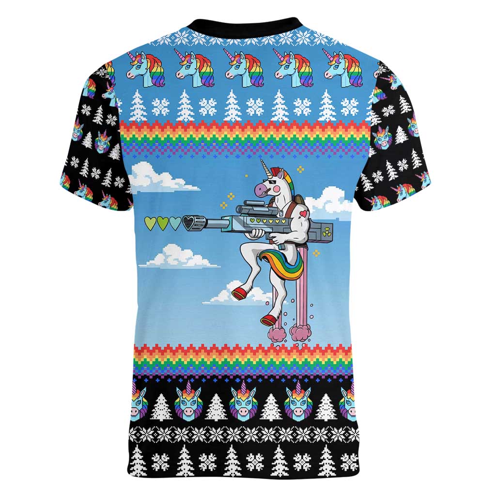 Unicorn Pew Pew Christmas Women V-Neck T-Shirt Xmas Holiday Patterns - Wonder Print Shop