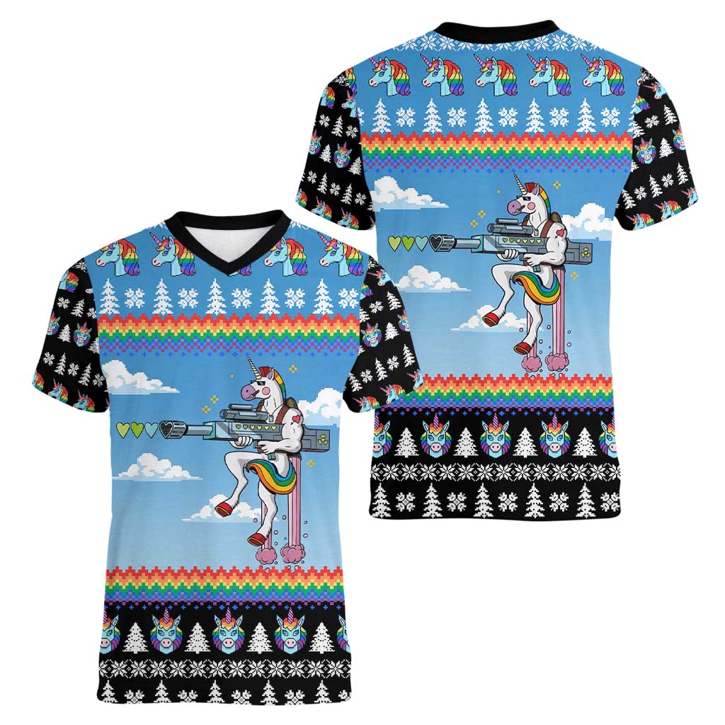 Unicorn Pew Pew Christmas Women V-Neck T-Shirt Xmas Holiday Patterns - Wonder Print Shop