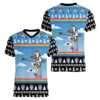 Unicorn Pew Pew Christmas Women V-Neck T-Shirt Xmas Holiday Patterns - Wonder Print Shop