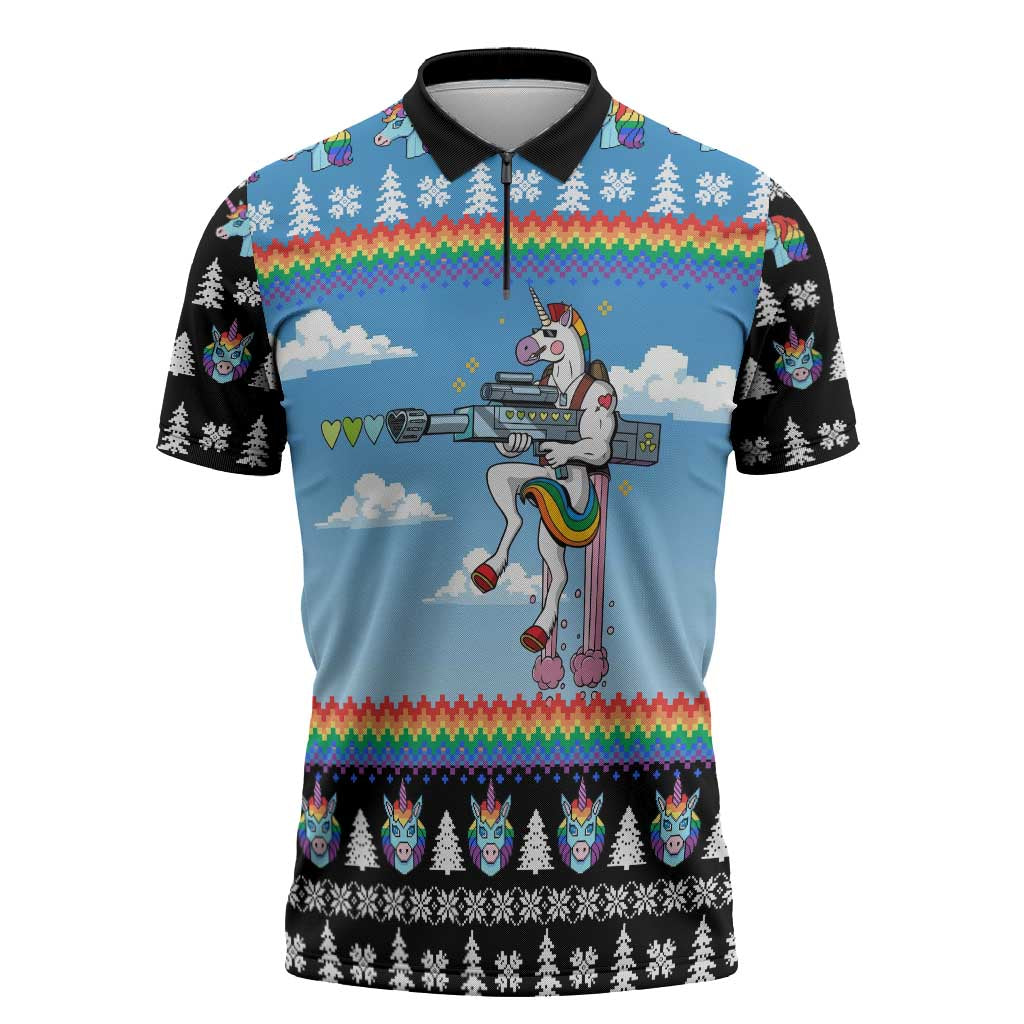 Unicorn Pew Pew Christmas Zipper Polo Shirt Xmas Holiday Patterns - Wonder Print Shop