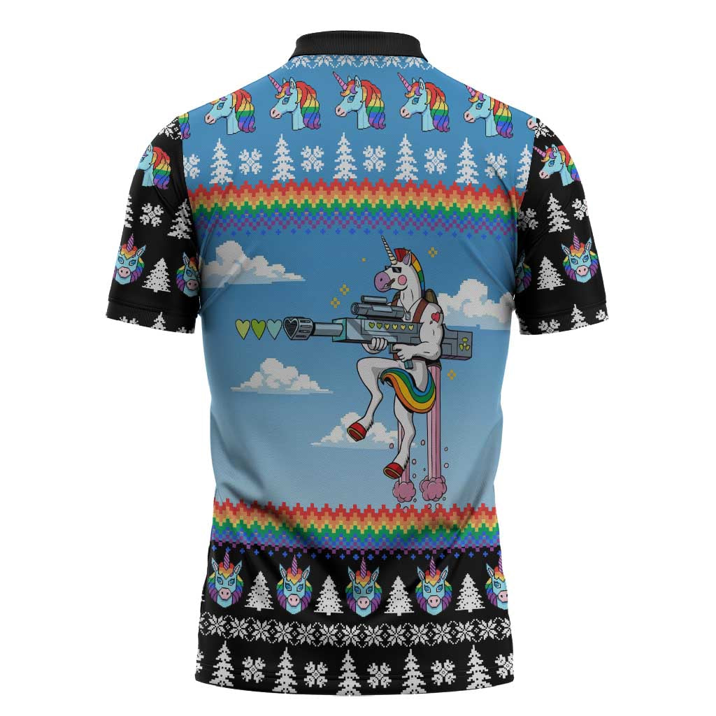 Unicorn Pew Pew Christmas Zipper Polo Shirt Xmas Holiday Patterns - Wonder Print Shop