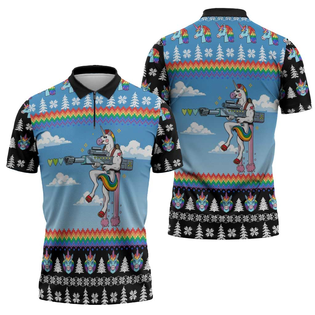 Unicorn Pew Pew Christmas Zipper Polo Shirt Xmas Holiday Patterns - Wonder Print Shop