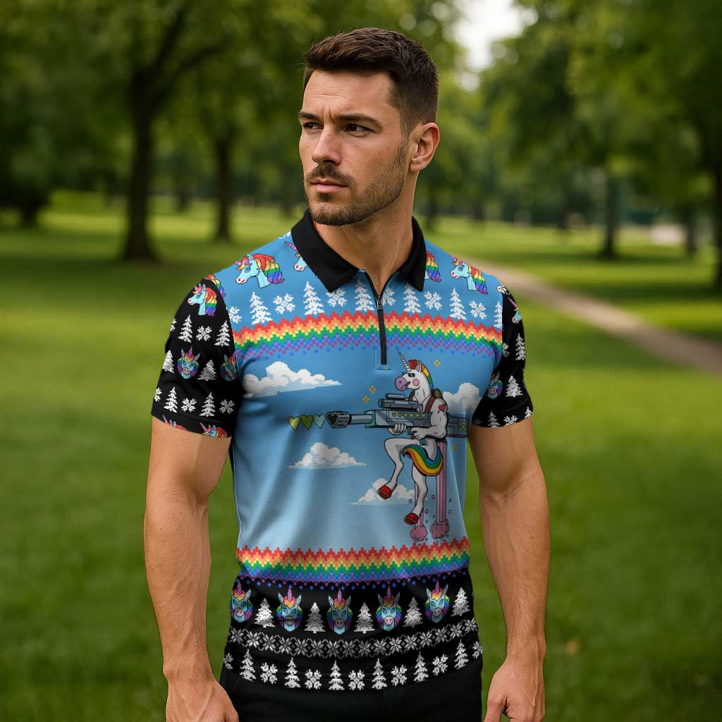 Unicorn Pew Pew Christmas Zipper Polo Shirt Xmas Holiday Patterns - Wonder Print Shop