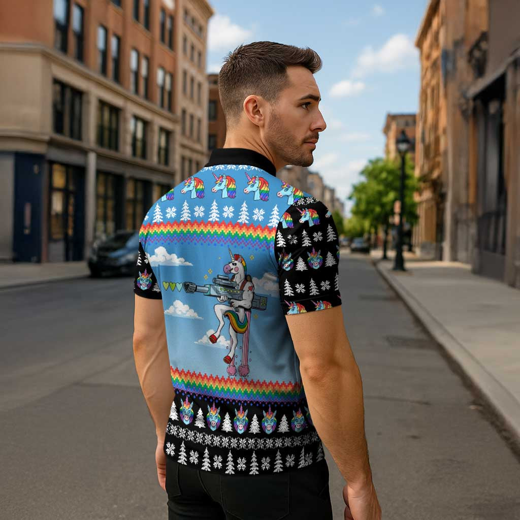 Unicorn Pew Pew Christmas Zipper Polo Shirt Xmas Holiday Patterns - Wonder Print Shop