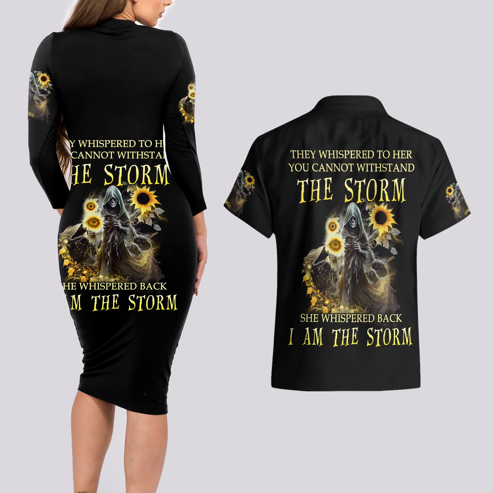 I Am The Storm Reaper Sunflower Roses Wings Couples Matching Long Sleeve Bodycon Dress and Hawaiian Shirt - Wonder Print Shop