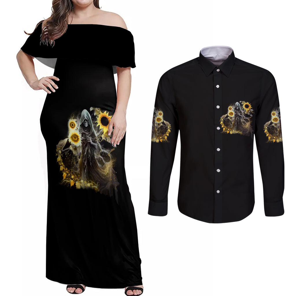 I Am The Storm Reaper Sunflower Roses Wings Couples Matching Off Shoulder Maxi Dress and Long Sleeve Button Shirt - Wonder Print Shop