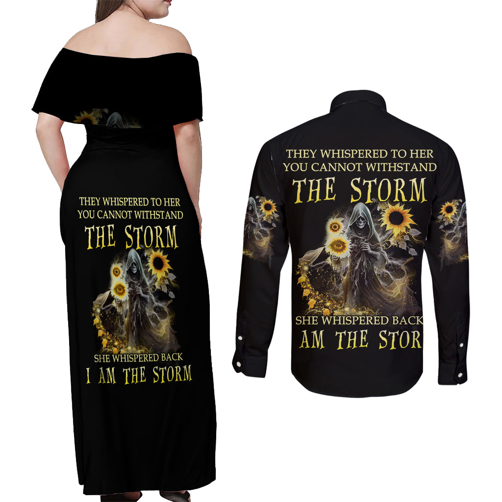 I Am The Storm Reaper Sunflower Roses Wings Couples Matching Off Shoulder Maxi Dress and Long Sleeve Button Shirt - Wonder Print Shop