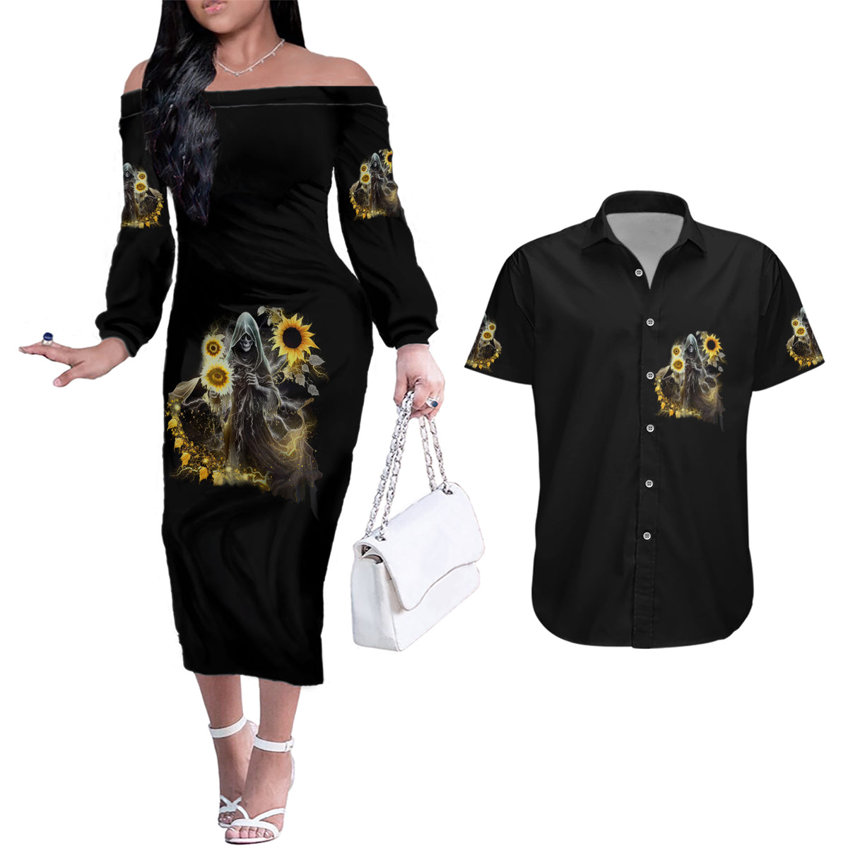 I Am The Storm Reaper Sunflower Roses Wings Couples Matching Off The Shoulder Long Sleeve Dress and Hawaiian Shirt - Wonder Print Shop