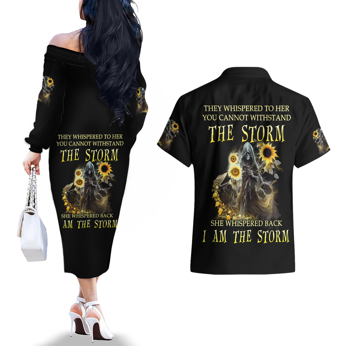 I Am The Storm Reaper Sunflower Roses Wings Couples Matching Off The Shoulder Long Sleeve Dress and Hawaiian Shirt - Wonder Print Shop
