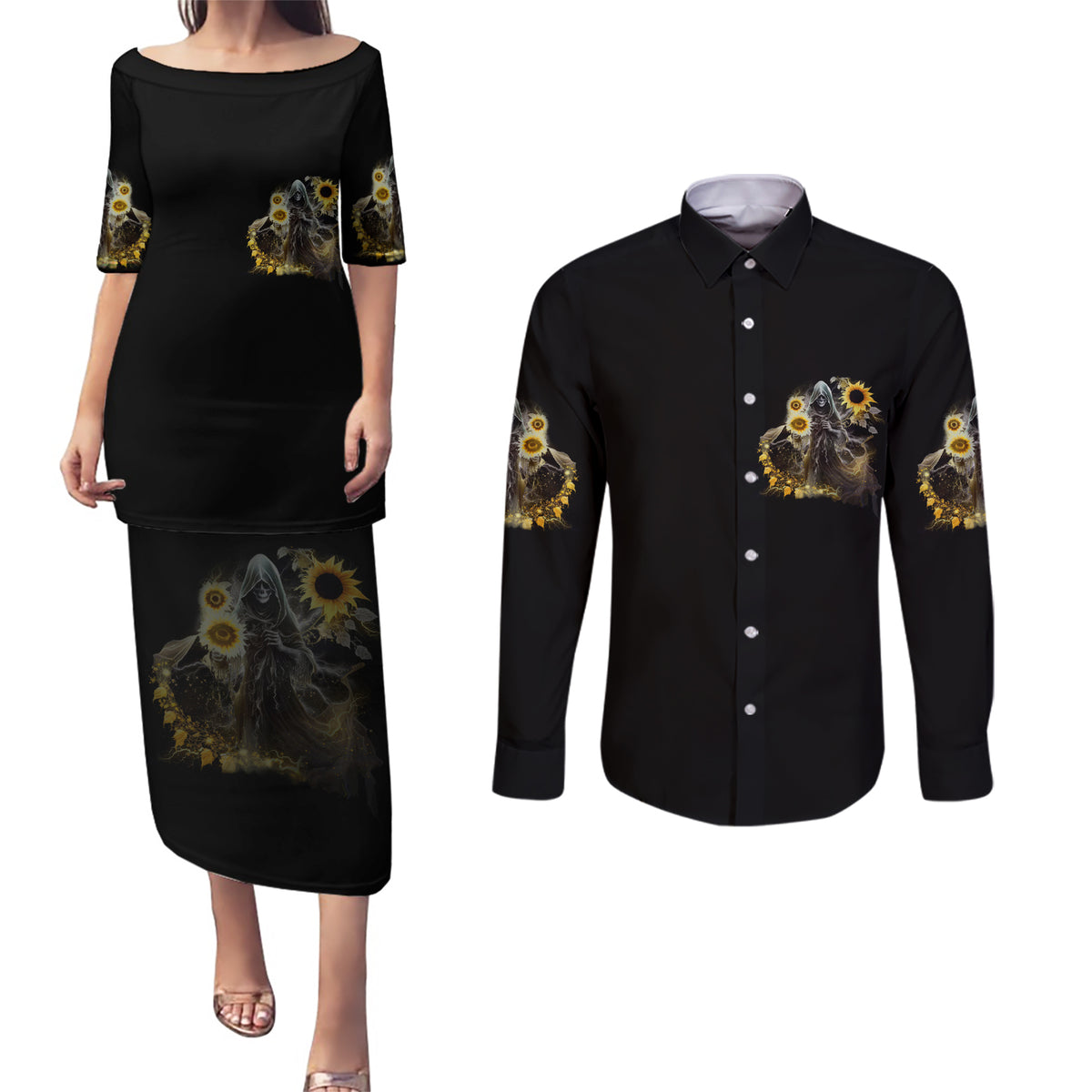 I Am The Storm Reaper Sunflower Roses Wings Couples Matching Puletasi Dress and Long Sleeve Button Shirt - Wonder Print Shop