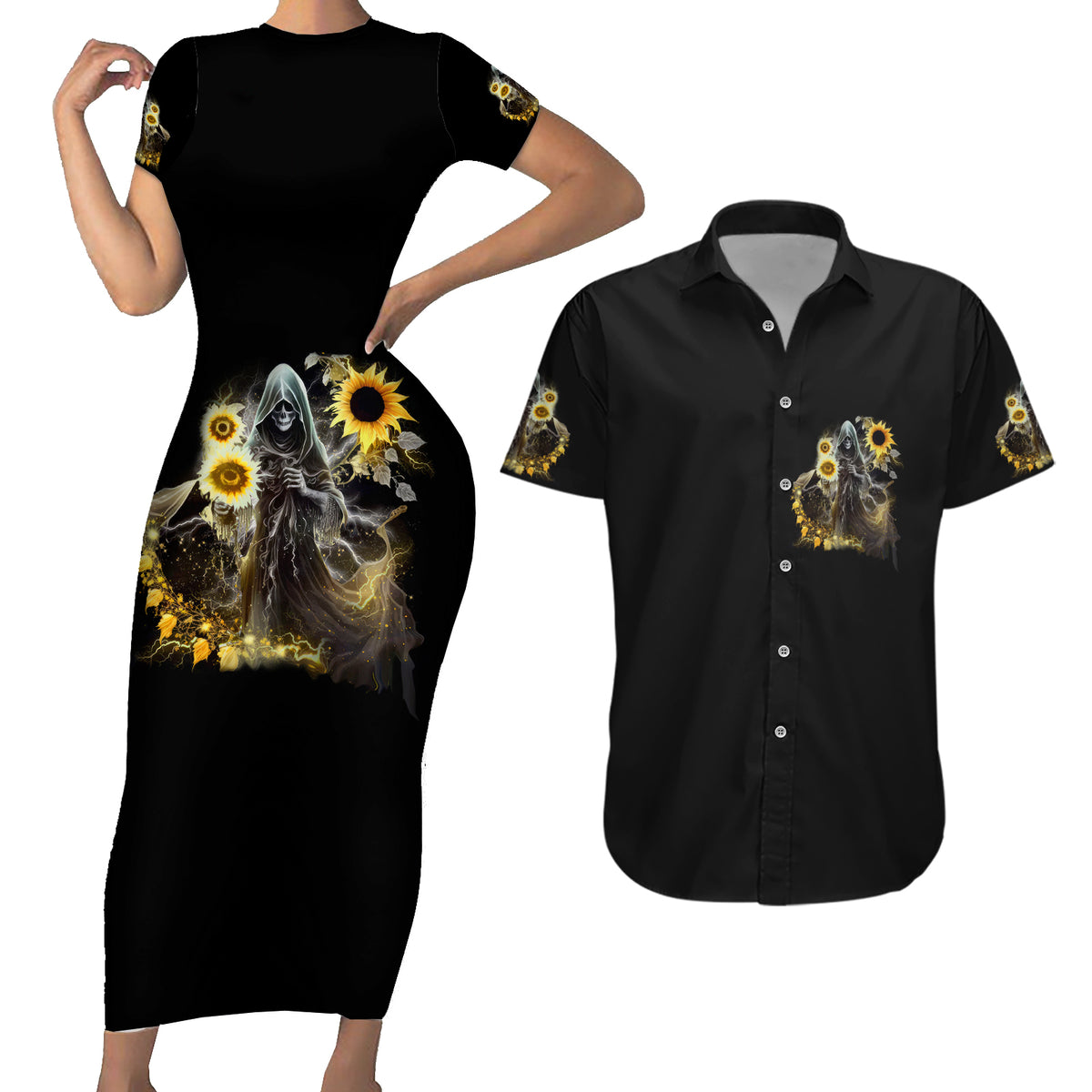 I Am The Storm Reaper Sunflower Roses Wings Couples Matching Short Sleeve Bodycon Dress and Hawaiian Shirt - Wonder Print Shop