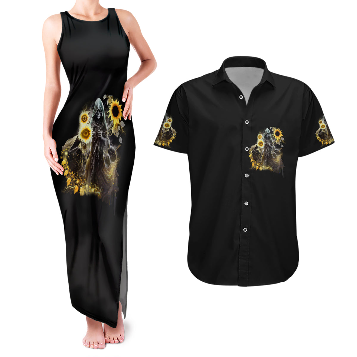 I Am The Storm Reaper Sunflower Roses Wings Couples Matching Tank Maxi Dress and Hawaiian Shirt - Wonder Print Shop
