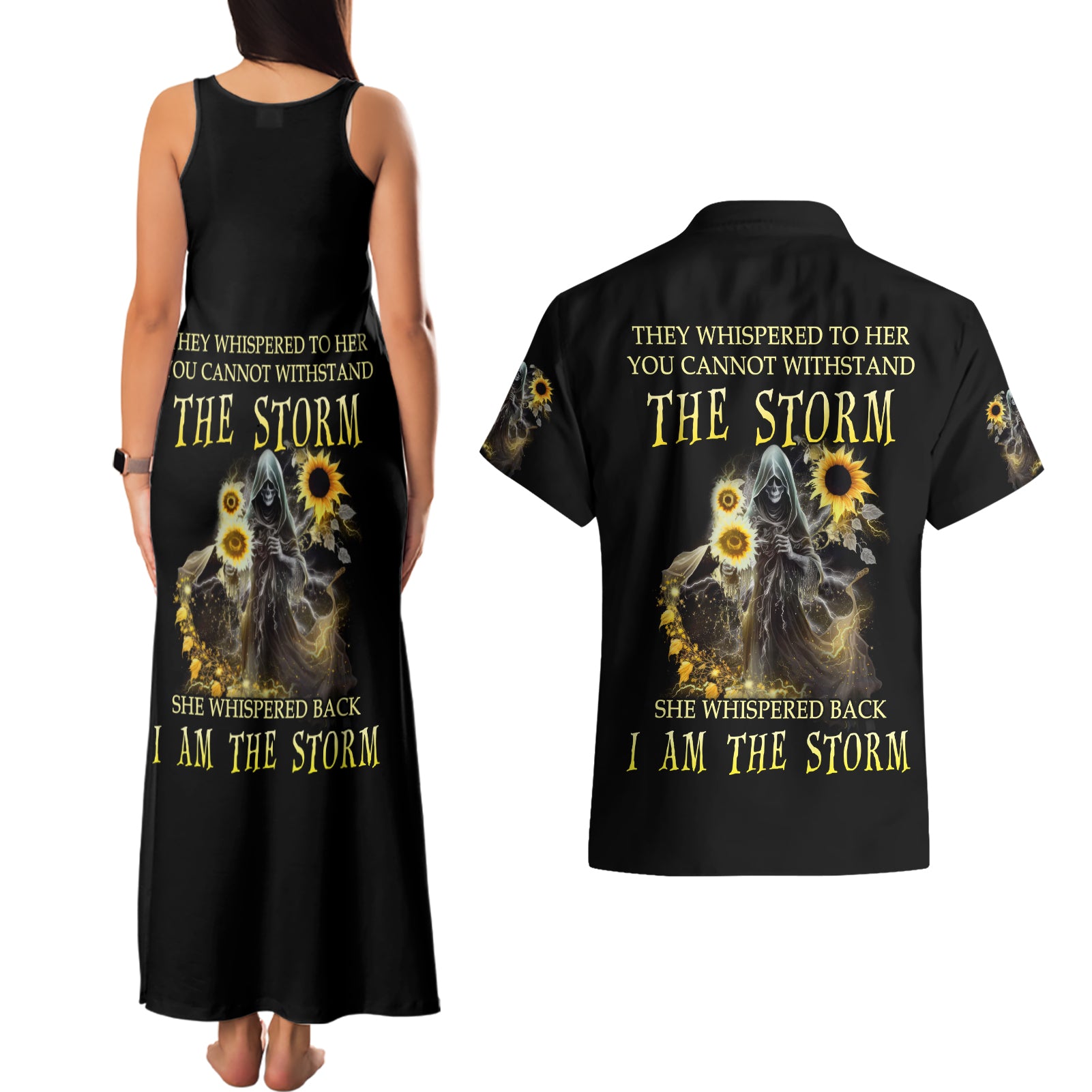 I Am The Storm Reaper Sunflower Roses Wings Couples Matching Tank Maxi Dress and Hawaiian Shirt - Wonder Print Shop