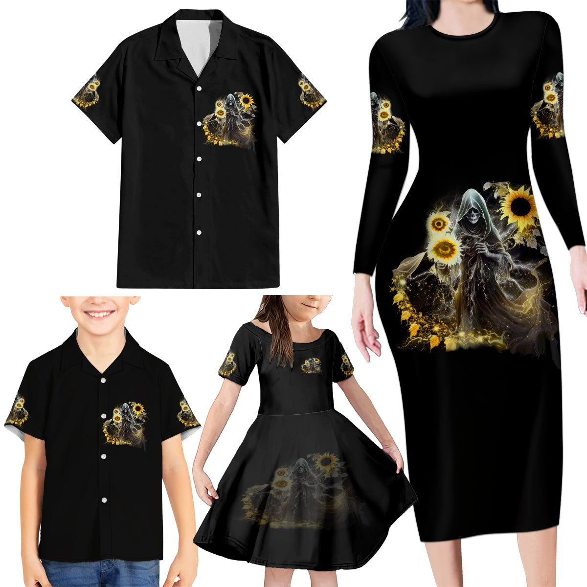 I Am The Storm Reaper Sunflower Roses Wings Family Matching Long Sleeve Bodycon Dress and Hawaiian Shirt - Wonder Print Shop