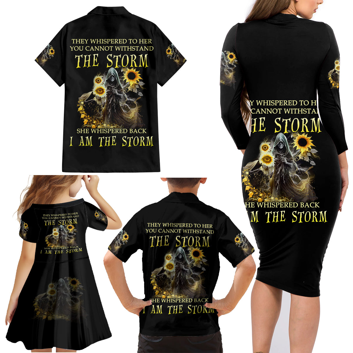 I Am The Storm Reaper Sunflower Roses Wings Family Matching Long Sleeve Bodycon Dress and Hawaiian Shirt - Wonder Print Shop