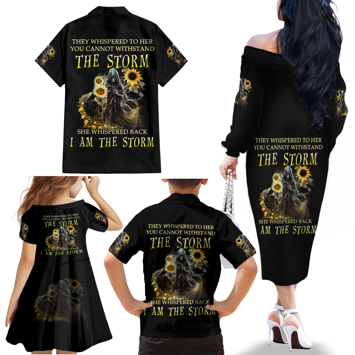 I Am The Storm Reaper Sunflower Roses Wings Family Matching Off Shoulder Long Sleeve Dress and Hawaiian Shirt - Wonder Print Shop