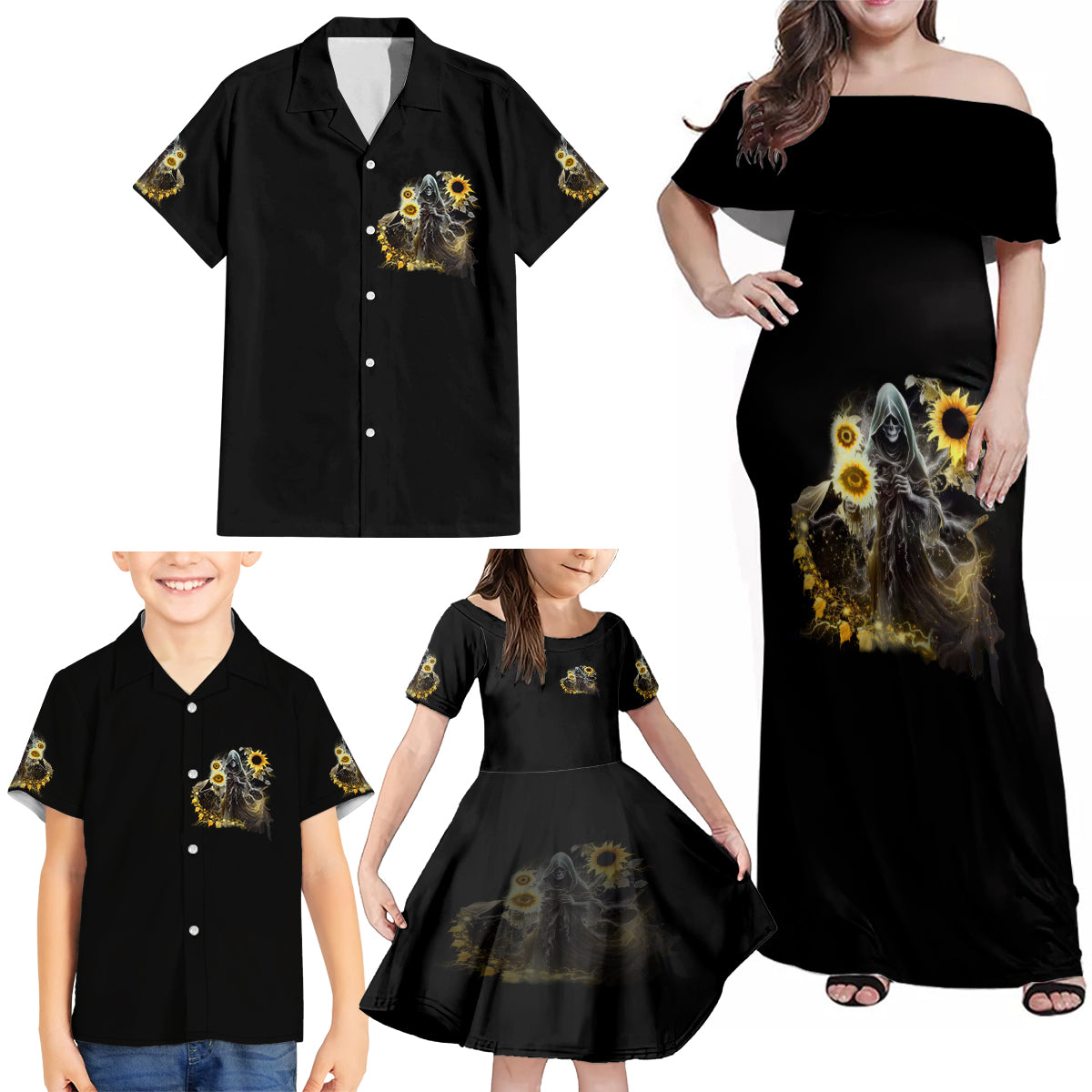 I Am The Storm Reaper Sunflower Roses Wings Family Matching Off Shoulder Maxi Dress and Hawaiian Shirt - Wonder Print Shop