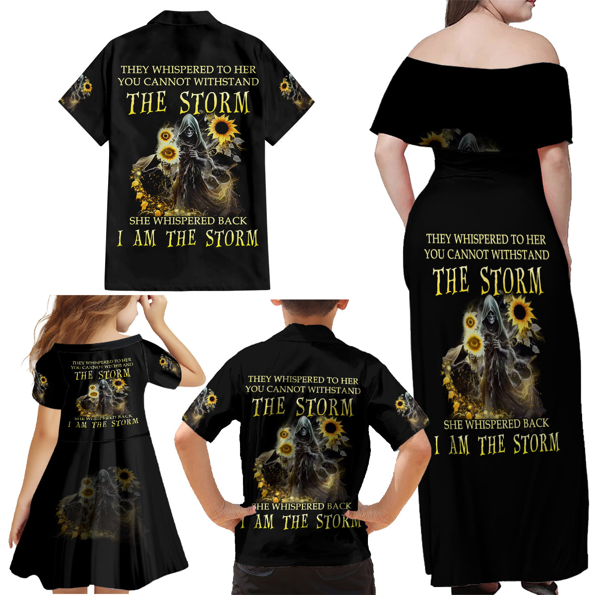 I Am The Storm Reaper Sunflower Roses Wings Family Matching Off Shoulder Maxi Dress and Hawaiian Shirt - Wonder Print Shop