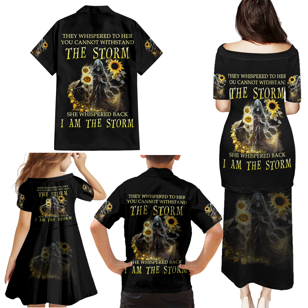 I Am The Storm Reaper Sunflower Roses Wings Family Matching Puletasi Dress and Hawaiian Shirt - Wonder Print Shop