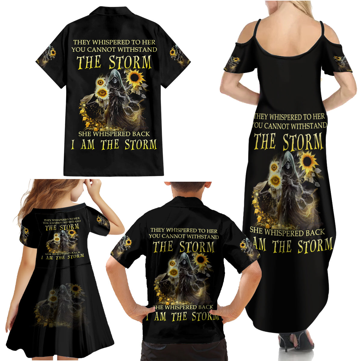 I Am The Storm Reaper Sunflower Roses Wings Family Matching Summer Maxi Dress and Hawaiian Shirt - Wonder Print Shop