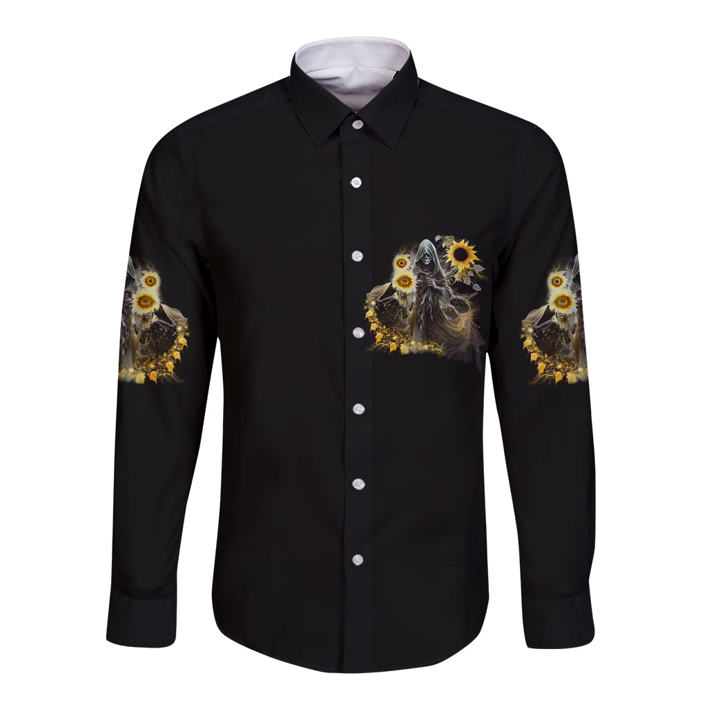 I Am The Storm Reaper Sunflower Roses Wings Long Sleeve Button Shirt - Wonder Print Shop