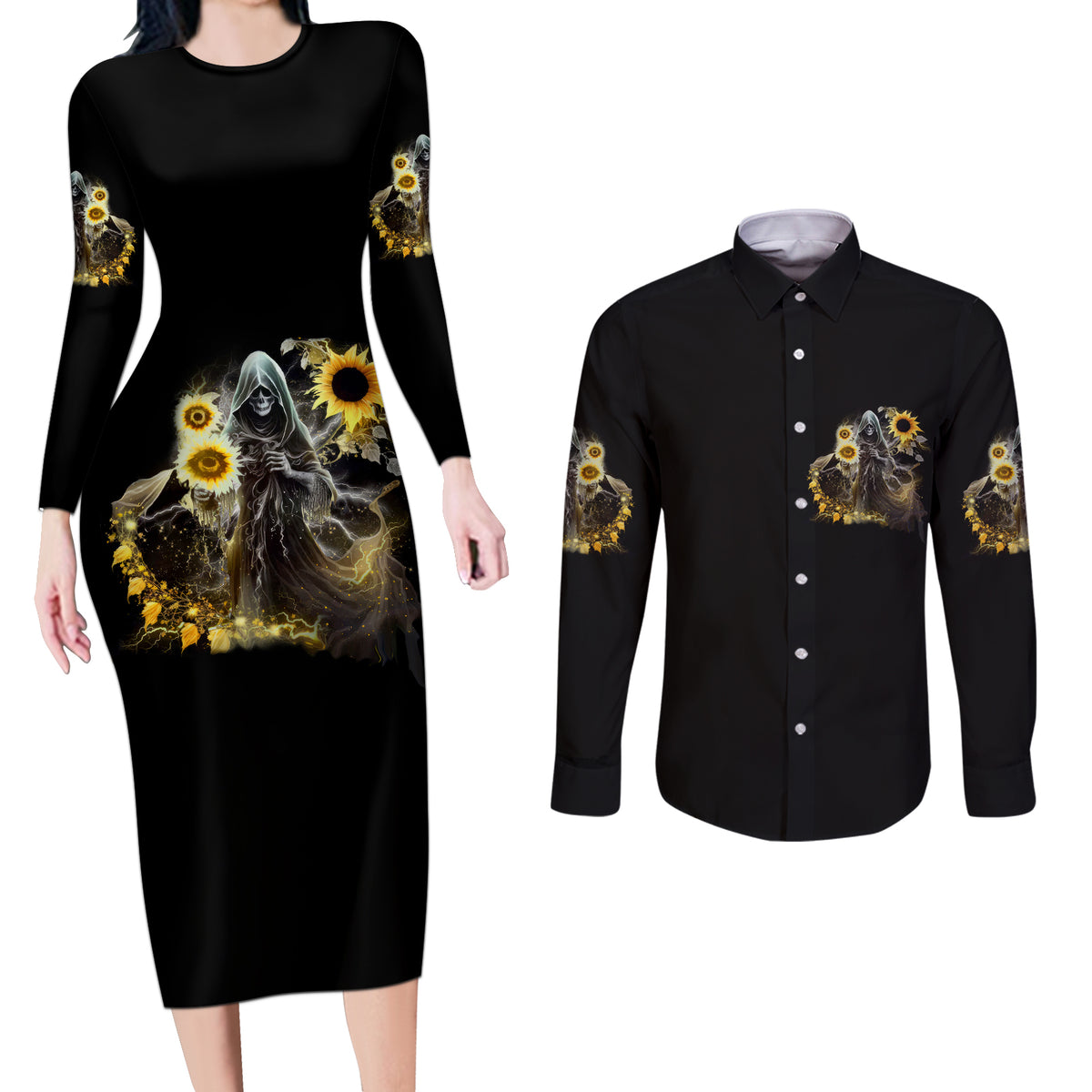 I Am The Storm Reaper Sunflower Roses Wings Couples Matching Long Sleeve Bodycon Dress and Long Sleeve Button Shirt - Wonder Print Shop