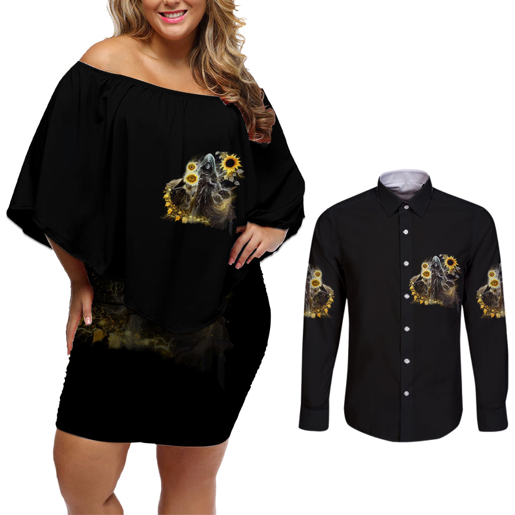 I Am The Storm Reaper Sunflower Roses Wings Couples Matching Off Shoulder Short Dress and Long Sleeve Button Shirt - Wonder Print Shop