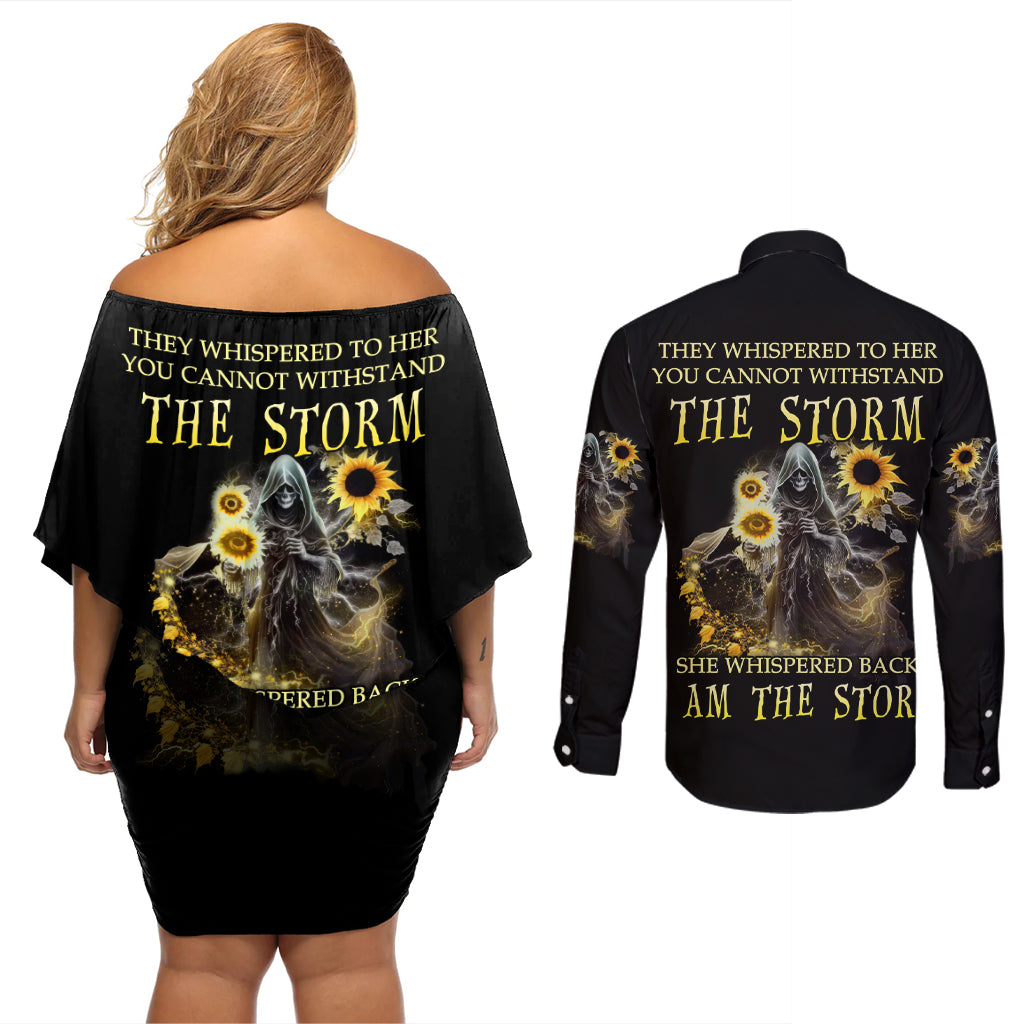 I Am The Storm Reaper Sunflower Roses Wings Couples Matching Off Shoulder Short Dress and Long Sleeve Button Shirt - Wonder Print Shop